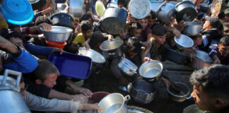 التكايا في غزة.. خط دفاع وحيد يواجه الانهيار فلسطينيون يتجمعون لتلقي مساعدات الطعام في جنوب قطاع غزة (رويترز)